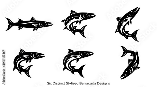 Obraz na płótnie Six different black barracuda silhouettes on a clean white background, minimalist vector style