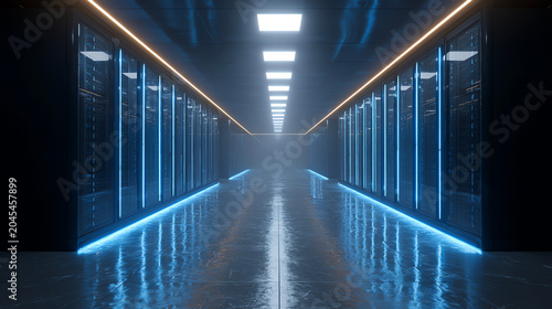 blue-lit data center server room corridor 