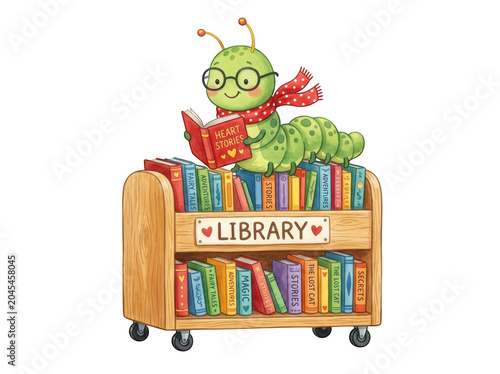 A cute green caterpillar wearing glasses reading a book on a library cart isolated on transparent background