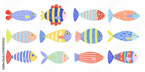 Stylized fish illustrations collection colorful vector graphics on white background