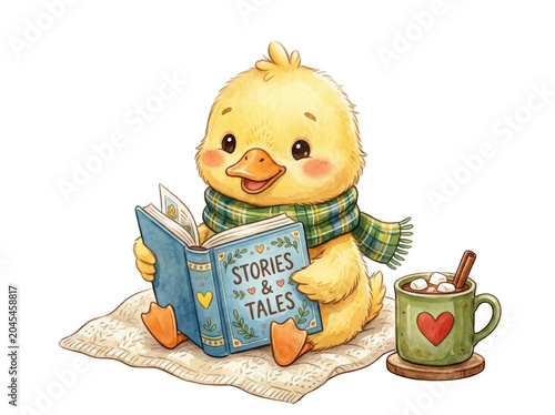 Cute cartoon chick reading stories and drinking hot chocolate isolated on transparent background