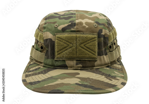 Camouflage tactical cap with velcro patch and adjustable strap isolated white background