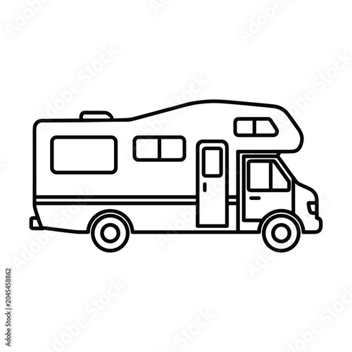 Simple line art illustration of a recreational vehicle camper van for road trip and travel branding isolated on white background