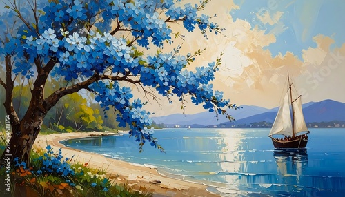 Tranquil seaside scene with a sailboat and blue-flowered tree, painted in a vivid impressionistic style