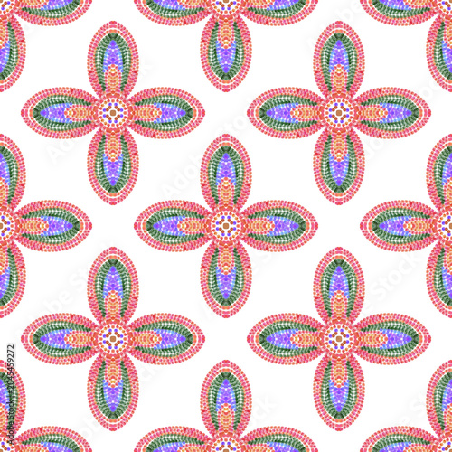 Canvas Print Colorful mosaic floral seamless pattern, vibrant beaded cross ornament with four
