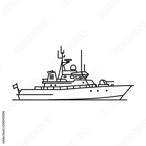 Military patrol boat line art icon for naval defense and maritime security operations