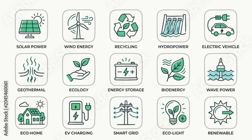 Bild auf Leinwand Collection of renewable energy and sustainability icons representing green technology and environmental conservation