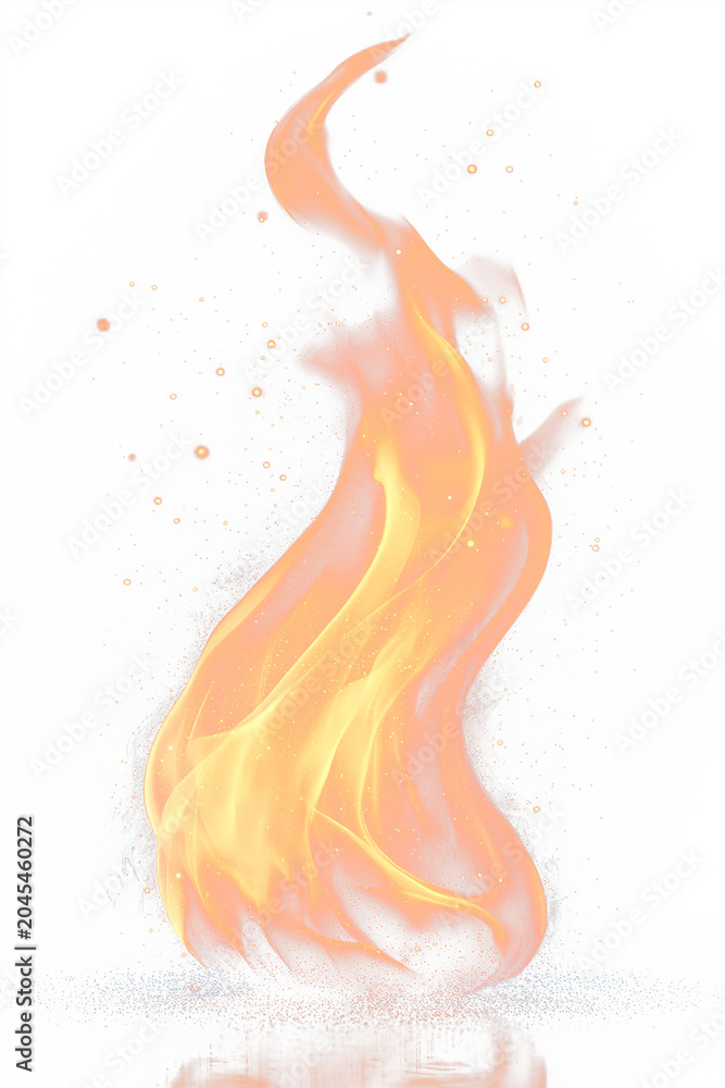 Fototapeta premium A vivid, stylized flame with dynamic curves, radiating orange and yellow hues against a transparent backdrop. Sparks