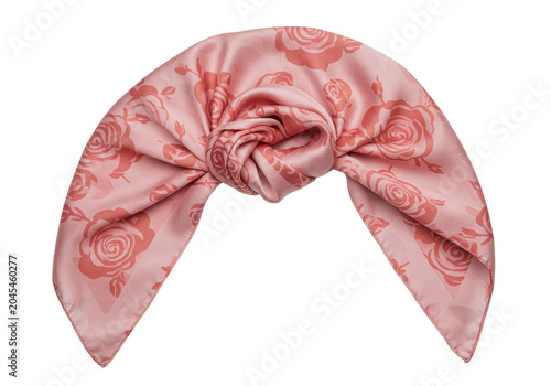 Elegant pink silk scarf adorned with rose floral pattern, knotted design isolated white background