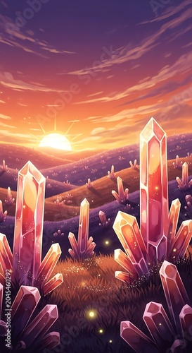 Fantasy landscape with giant glowing crystals at sunset.