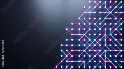 Futuristic digital network with glowing neon lines on dark background