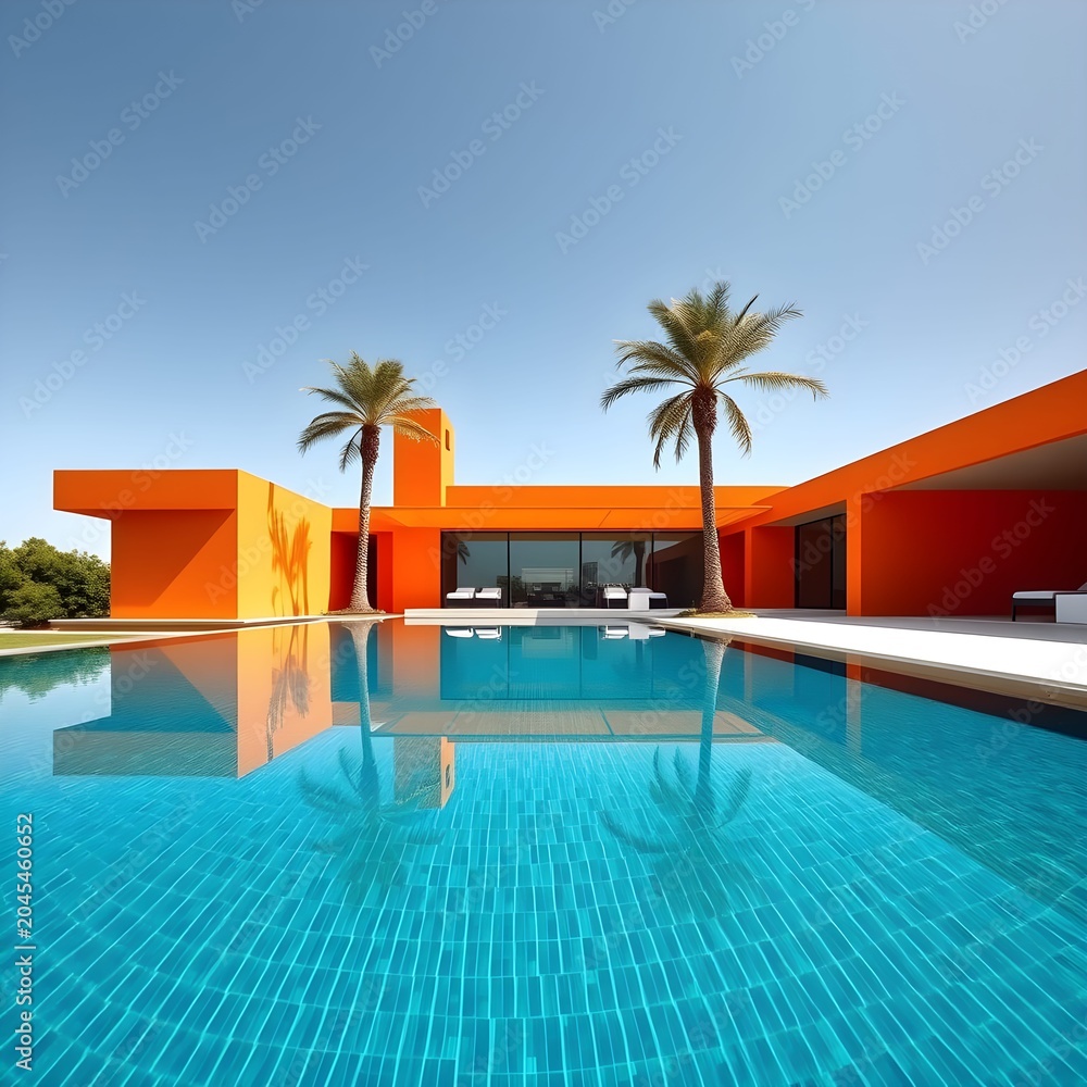 Fototapeta premium minimalist modern architecture villa with orange walls and teal swimming pool.