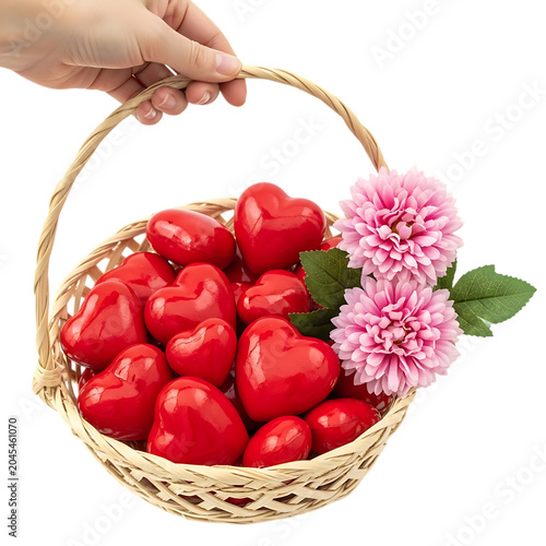 Hand holding wicker basket with red heart candies and pink flowers on transparent background