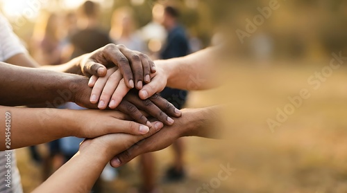 Diverse group of people stacking hands for teamwork outdoors