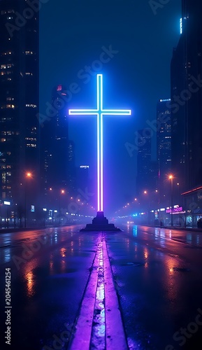 Cross of Neon Light in the City-4