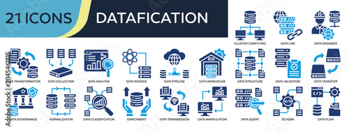Photos Collection of Datafication icons, related to Cluster Computing, Data Transformation, Data Analysis, Schema, Data Structure and more