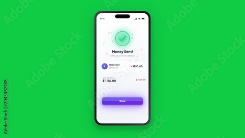 3D smartphone app sending money transfer to contact with payment confirmation on green screen