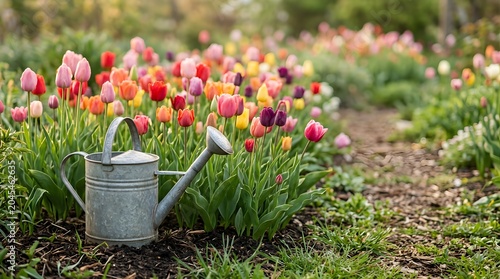 Galvanized metal watering can in a colorful tulip garden field in spring