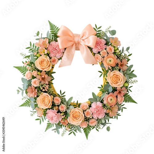 Peach floral wreath with bow, transparent background, flowers, greenery