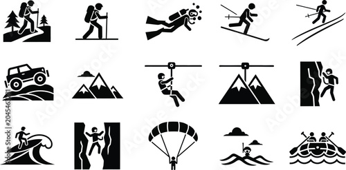 Outdoor adventure and extreme sports icon set featuring hiking skiing scuba diving rock climbing and rafting vector illustrations for travel and recreation.