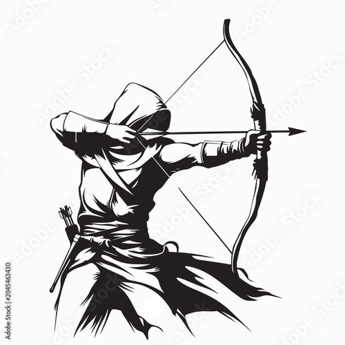 Tableau sur toile Secret Cloaked Warrior with Bow and Arrow Vector On White Background