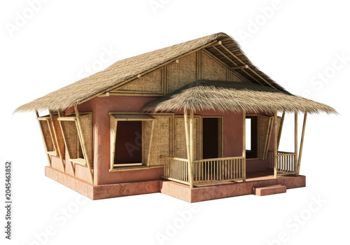 Traditional bamboo hut house exterior view isolated on transparent background realistic 3d rendering.