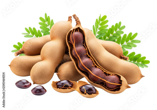 Group of ripe tamarind pods with seeds and leaves on transparent background, one pod opened.