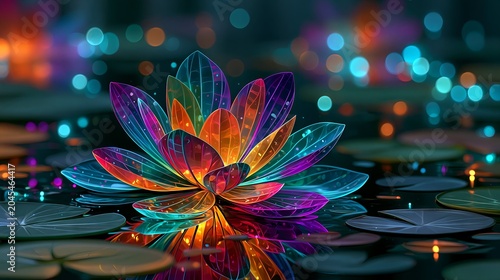 Colorful water lily with soft neon glow.