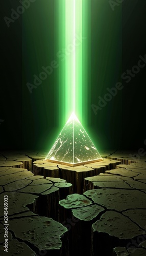 Glowing green pyramid with light beam.