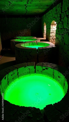 Glowing green liquid in stone vats.