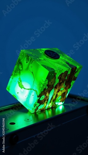 Glowing green resin cube with embedded elements.