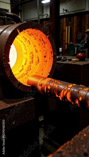 Glowing metal rod inside industrial furnace.