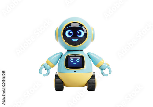 Cute friendly cartoon robot character with happy smile on face and big eyes, blue and yellow, small and portable for children and games.