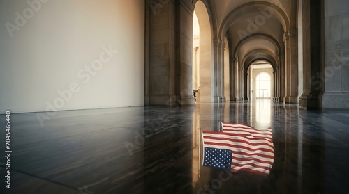 Small american flag on polished marble floor in a grand stone hall