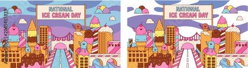 National Ice Cream Day Colorful Cartoon Illustration with City, Kids and Fantasy Dessert Landscapes