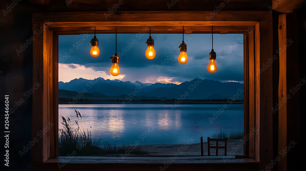 Fototapeta premium Serene lakeside view framed by rustic wooden window and illuminated by vintage edison bulb lighting at dusk