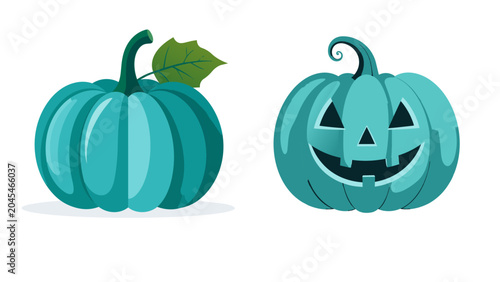 Teal pumpkin 2‑pack vector set featuring a plain teal pumpkin and a friendly teal jack‑o‑lantern. Clean, flat icons for allergy‑safe Halloween awareness, signage, and kid‑friendly designs.