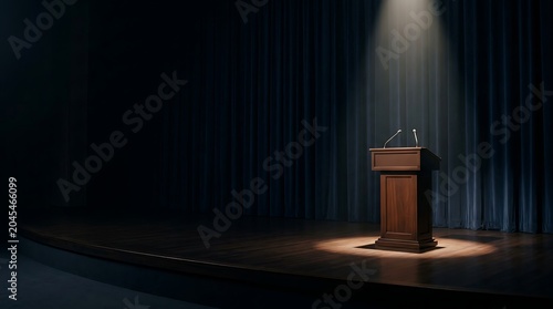 Empty wooden podium under a bright spotlight on a dark stage