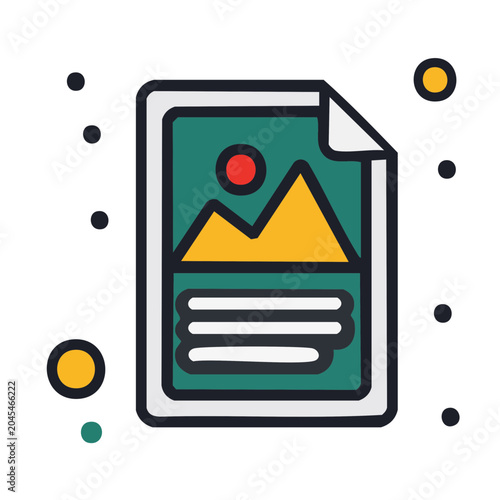 Flat design icon of a document with a landscape image and text