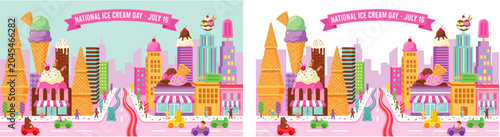 National Ice Cream Day Colorful Cartoon Illustration with City, Kids and Fantasy Dessert Landscapes