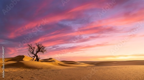 Lone dead tree standing in golden desert dunes at sunset