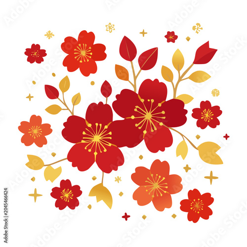 Red and gold cherry blossoms with leaves and ornaments