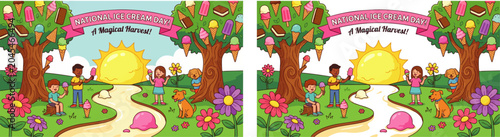 National Ice Cream Day Colorful Cartoon Illustration with City, Kids and Fantasy Dessert Landscapes