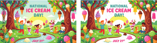 National Ice Cream Day Colorful Cartoon Illustration with City, Kids and Fantasy Dessert Landscapes