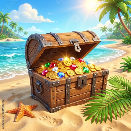 A vibrant 3D cartoon illustration of a wooden treasure chest overflowing with gold coins and gems on a sandy tropical beach.