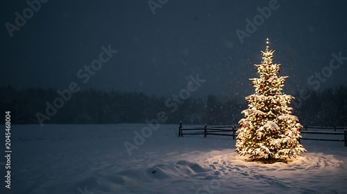 Illuminated christmas tree standing in a snowy field at night