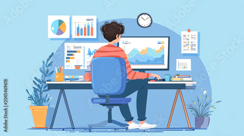 business analyst working with charts, flat illustration