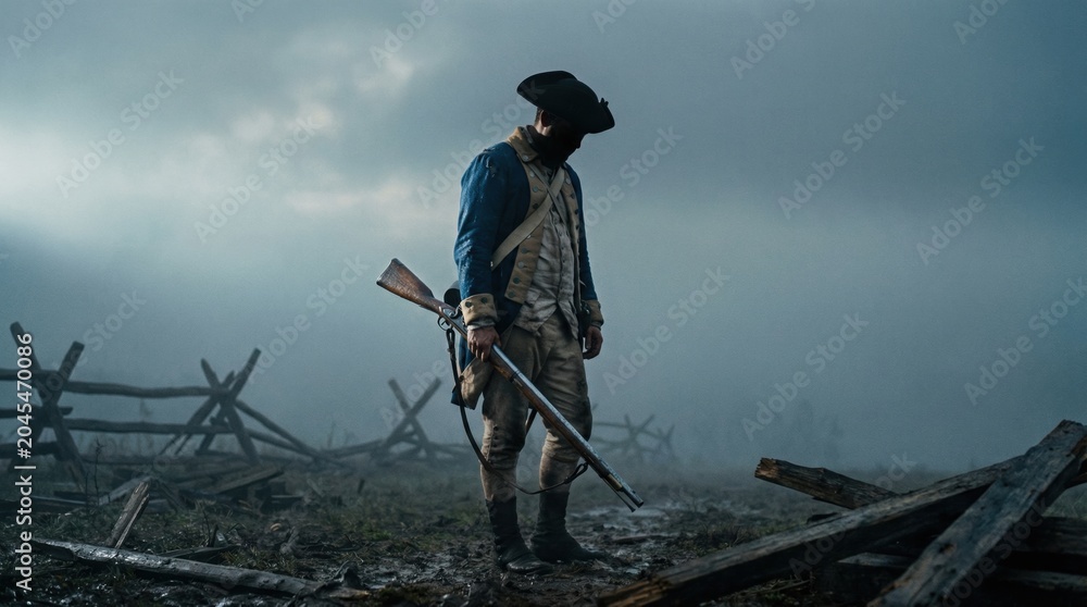 Fototapeta premium Pensive American Revolutionary War soldier in colonial uniform, musket in hand, standing in muddy battlefield.