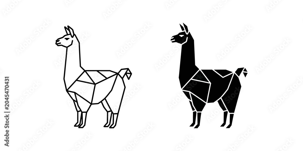 Naklejka premium Geometric llama animal icon set in line art and solid black silhouette styles with geometric, silhouette