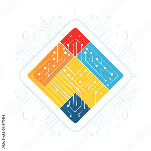 Colorful circuit board puzzle illustration